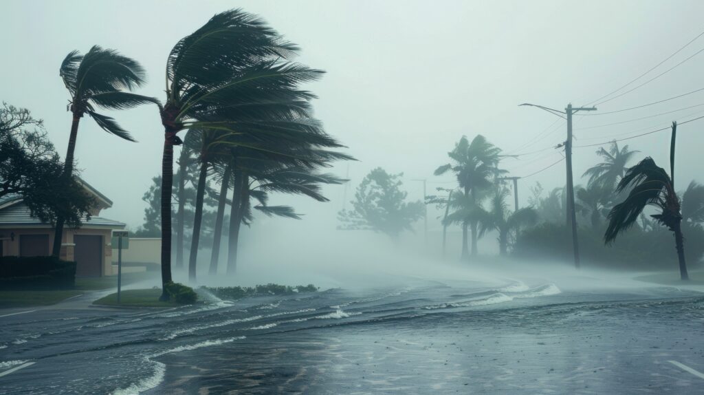 Palm trees bend in the hurricane winds. causing flooding in residential areas